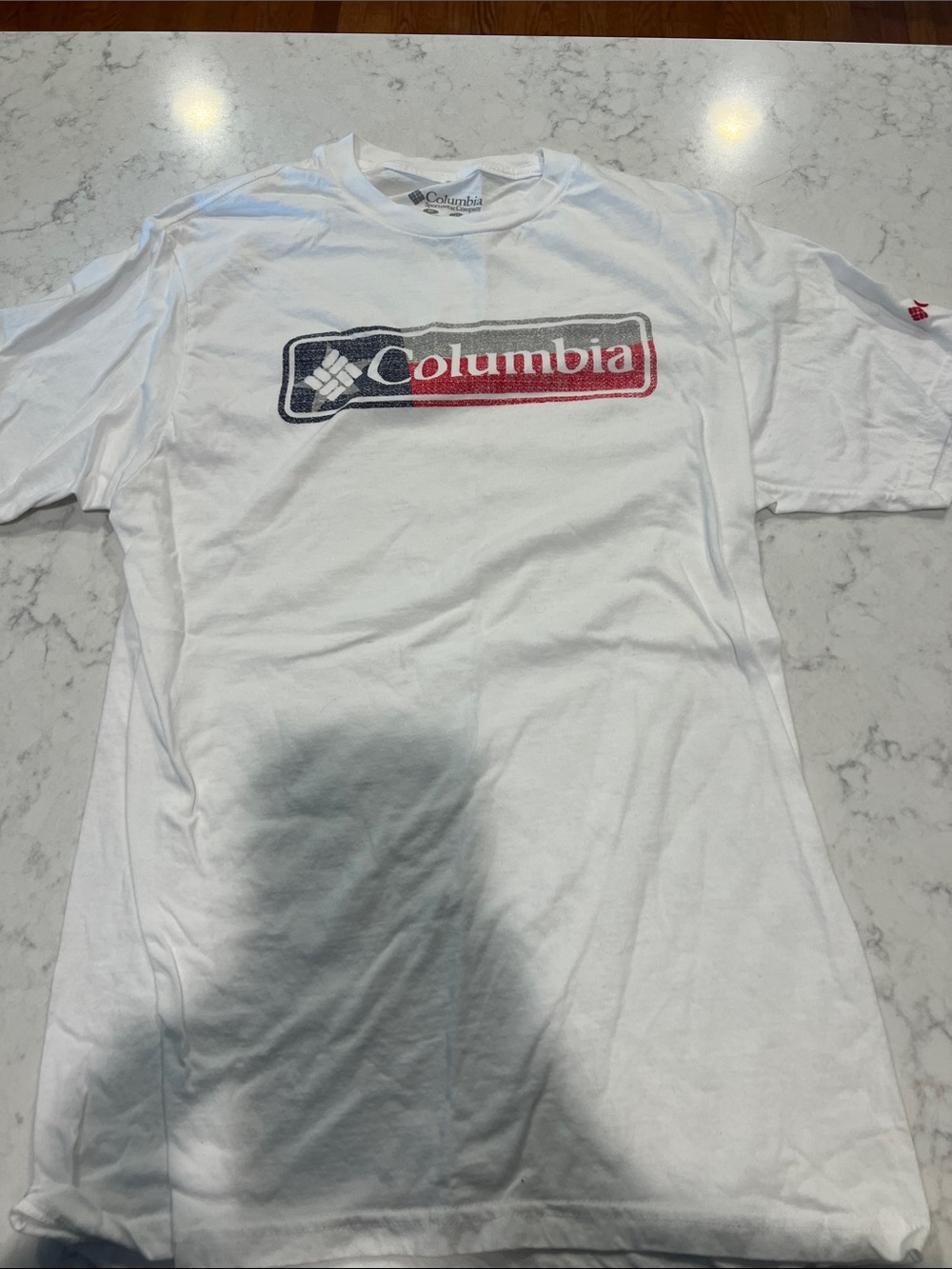 Columbia White T-Shirt with Navy and Red Logo